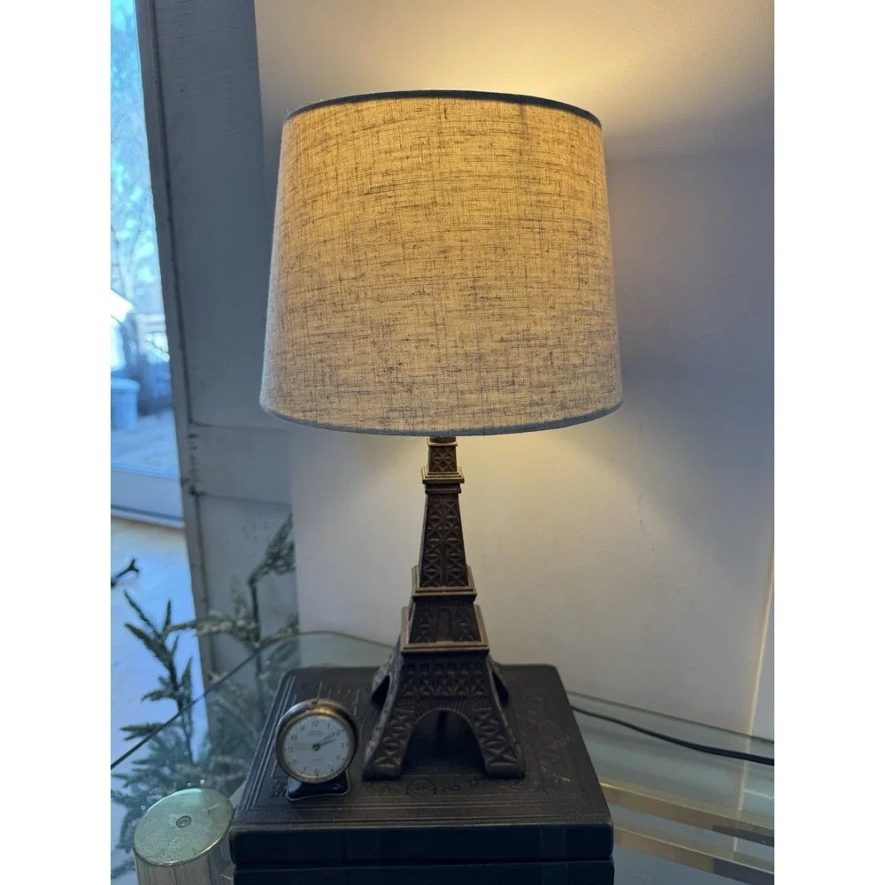 Eiffel Tower Lamp Base Metal 14.5in With‎ Linen Cream/tan Shade GW993